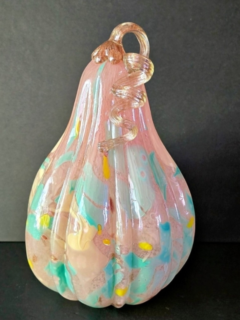 Pastel Hand Blown Glass Pumpkin Gourd Figurine | Pink Teal Gold Leaf Swirl Paper